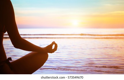 Yoga Or Meditation Concept Background, Silhouette On The Beach