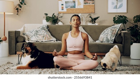 Yoga, meditation or Indian woman in home with lotus, lotus pose for mental health in lounge. Spiritual wellness, relax or zen yogi with calm peace, mindfulness or awareness with pug, pets or animals - Powered by Shutterstock