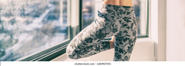 Yoga Meditation Leggings Woman Training At Home In Winter Wearing Fashion Floral Activewear Banner Panorama.