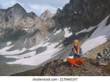 Yoga Meditation In Mountains Woman Practicing Outdoor Alone Travel Healthy Lifestyle Mental Health Relaxation Summer Vacations Retreat Harmony With Nature