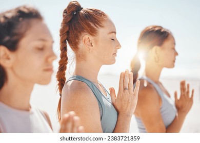 Yoga, meditation and prayer hands with spiritual friends training for zen, fitness and wellness. Peace, motivation and community with young women and pilates, worship and energy exercise - Powered by Shutterstock