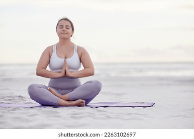 Yoga meditation zen, beach and woman meditate for spiritual mental health, chakra energy balance or soul healing. Nature mockup, freedom peace and plus size girl with mindfulness, mindset or wellness - Powered by Shutterstock