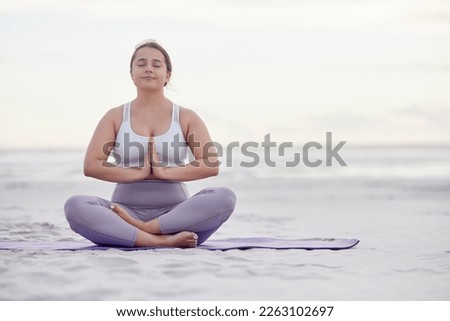 Yoga meditation zen, beach and woman meditate for spiritual mental health, chakra energy balance or soul healing. Nature mockup, freedom peace and plus size girl with mindfulness, mindset or wellness