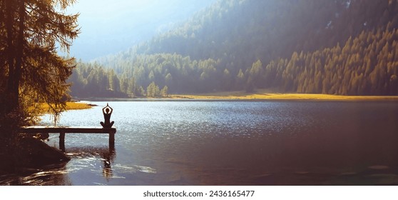 yoga and mindfulness banner background, woman practice breathing exercise outdoors - Powered by Shutterstock