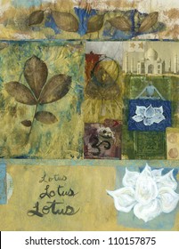 Yoga Mixed Media Art Collage With Leaves And Lotus Blossoms And The Taj Mahal.