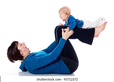 Yoga with mother and baby on white background