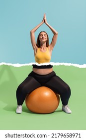 Yoga. Motivation to be beautiful and healthy. Young slim girl with plus-size woman's body doing exercises isolated on colored background. Weight loss, fitness, healthy eating, active lifestyle - Shutterstock ID 2179658971