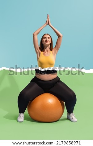 Yoga. Motivation to be beautiful and healthy. Young slim girl with plus-size woman's body doing exercises isolated on colored background. Weight loss, fitness, healthy eating, active lifestyle