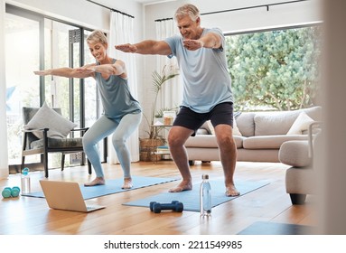 Yoga, online class and senior couple in living room, workout, zen and fitness in retirement for man and woman with laptop. Stretching, balance and old people exercise at home streaming pilates video. - Powered by Shutterstock