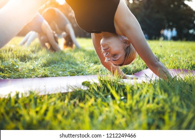 Yoga In The Park, Middle Age Woman Doing Exercises With Group Of Mixed Age People