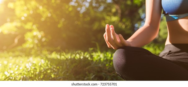 Yoga In The Park, Outdoor With Effect Light, Health Woman,  Concept Of Healthy Lifestyle And Relaxation. Banner Panoramic Crop For Copy Space.