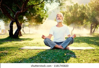 Yoga At Park. Senior Bearded Man In Lotus Pose Sitting On Green Grass. Concept Of Calm And Meditation.