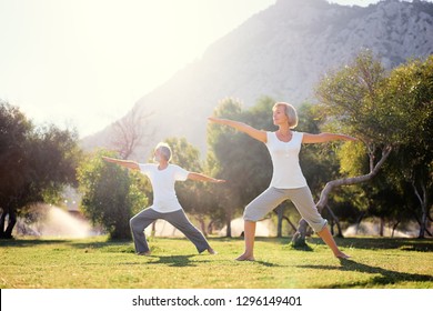 Yoga At Park. Senior Family Couple Exercising Outdoors. Concept Of Healthy Lifestyle.