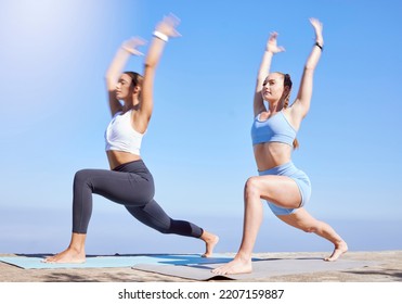 Yoga, Pilates And Wellness Women With Outdoor Summer Lens Flare For Healthy Body And Lifestyle. Fitness, Cardio Of Personal Trainer Or Sports People In Workout Training Or Exercise On Blue Sky Mockup