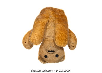 Yoga Pose. Vintage Teddy Bear Doing A Headstand. Cuddly Toy Standing On Its Head. Funny Meme Image Of Yogi Sirsasana Head Stand Against White Background.