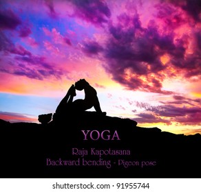 Yoga Raja Kapotasana backward bending pose by Man in silhouette on the rock outdoors at mountains and cloudy sky background - Powered by Shutterstock