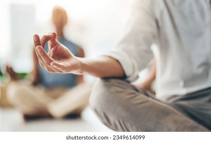 Yoga, relax or hands of business people in office for mental health, wellness or breathing exercise together. Startup team, mindset closeup or calm employees in lotus pose meditation for zen peace - Powered by Shutterstock