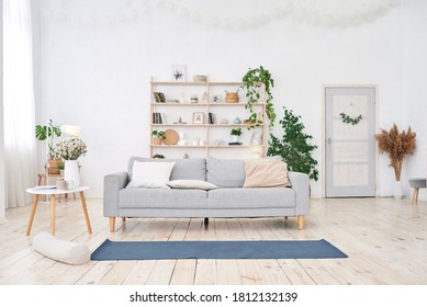 Yoga Room With Big Light Window In Modern White Flat. Yoga Mat On The Floor, No People