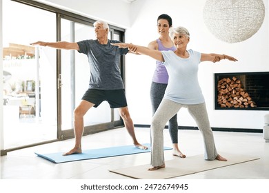 Yoga, senior people and instructor for help, stretching arms or wellness in home. Health care, elderly man or old woman with yogi teacher for exercise, balance or wellbeing with pilates class - Powered by Shutterstock