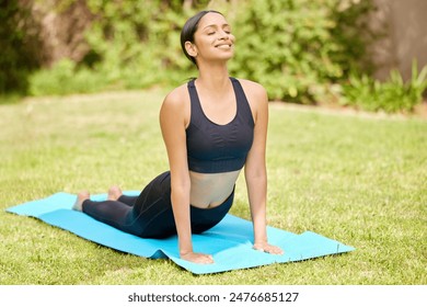 Yoga, stretching and girl exercise in garden with fitness, mindfulness and workout in morning. Healthy, summer and woman with holistic wellness practice on grass in backyard or zen and peace in park - Powered by Shutterstock