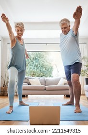 Yoga Stretching, Laptop And Senior Couple In A Video Call Class For Retirement Wellness, Workout Motivation And Pilates Exercise In Dallas Home. Healthy Elderly People In Cardio With Online Support