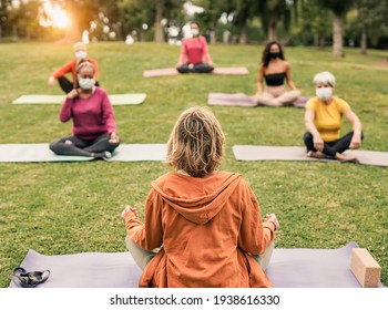 Yoga Teacher Doing Exercise At Nature Park With Multiracial Women - Multi Generation People - Concept Of Healty Lifestyle And Sport