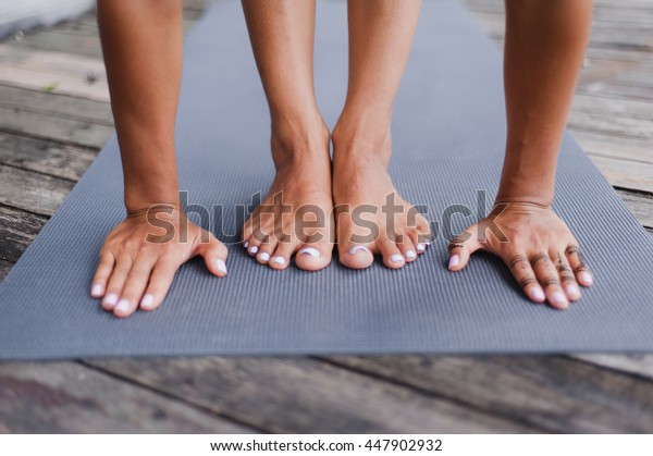 Yoga Teacher Put Her Hands Near People Sports Recreation Stock