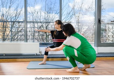 Yoga Trainer Teach Child Girl Warrior Pose