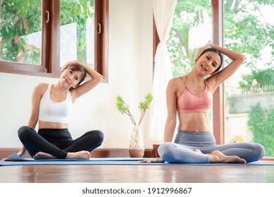 Yoga Training. Fitness Lady Beginning Yoga Practice With Yoga Trainer At Home.