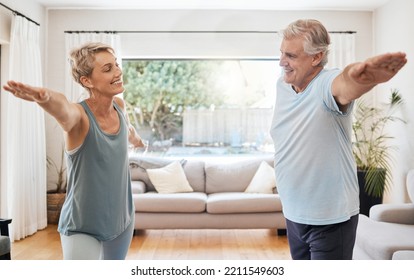 Yoga Wellness In Home, Senior Couple Stretching Muscles In Living Room And Retirement Wellness In Australia. Fitness Training Body Together, Healthy Workout In Lounge And Happy Relax In Exercise Pose