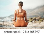 Yoga woman, outdoor meditation and mountain for peace, mindfulness or balance chakra in morning. Zen meditate, spiritual wellness and training for energy, focus or self care by mountains in Cape Town