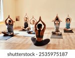 Yoga, workout and people in studio for class for wellness, meditation and mindfulness. Personal trainer, pilates and men and women for exercise, training and stretching for calm, balance and health