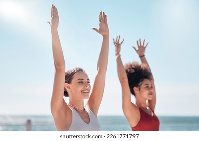 Yoga, zen and beach with woman friends outdoor together in nature for wellness training. Exercise, chakra or fitness with a female yogi and friend outside for a mental health workout by the ocean - Powered by Shutterstock