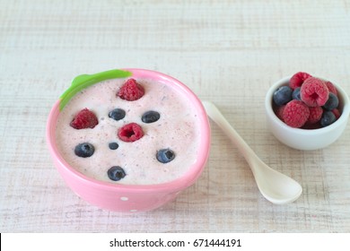 Yoghurt With Fresh Berries In A Small Bowl For Kids