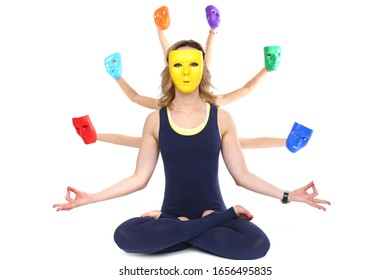 A Yogi Girl Sits In A Mask In A Lotus Position Like The God Shiva, Behind Her Are Many Hands With Masks