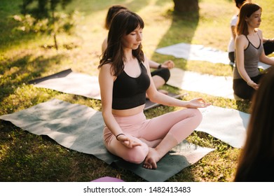 Yogi millennial woman and diverse group of young sporty women are practicing yoga. Group of people are sitting in lotus pose on green grass with their eyes closed in city park on summer sunny morning.
