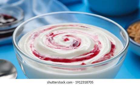 Yogurt With Berry Jam, Curd Cream Swirl With Fruit Topping, Blueberry Whipped Cream