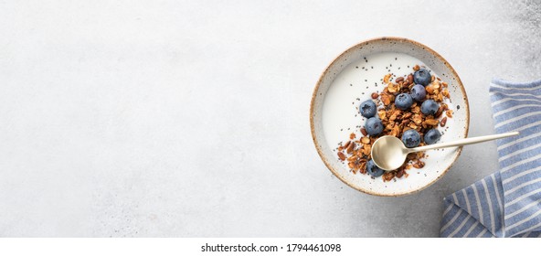 Yogurt, Granola And Blueberry, Top View, Banner, Copy Space