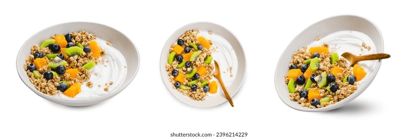 Yogurt with Granola, Kiwi, Blueberries, and Orange in a Bowl, Healthy Snack or Breakfast, White Isolated Background - Powered by Shutterstock