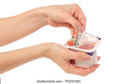 Yogurt in hand on white background isolation