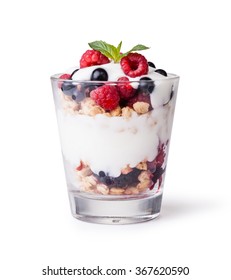 yogurt with muesli and berries on white background 