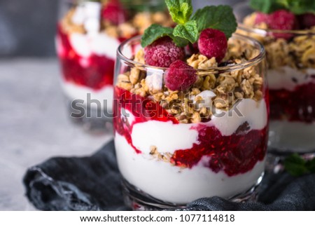 Similar – Chia-Joghurt mit Himbeeren im Glas auf Holz