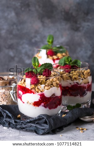 Similar – Chia-Joghurt mit Himbeeren im Glas auf Holz