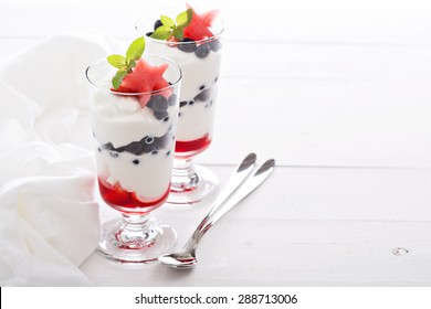 Yogurt parfait with blueberries and strawberry syrup for breakfast - Powered by Shutterstock