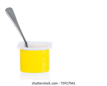 Yogurt Pot With Spoon Isolated On White Background