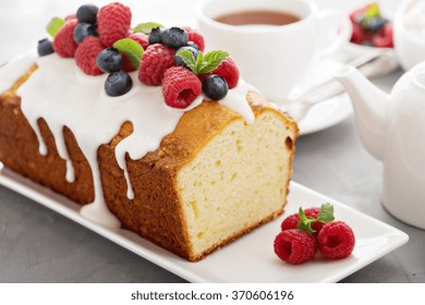 Yogurt Pound Cake For Breakfast With Glaze And Fresh Berries