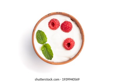 Yogurt With Raspberry In Clay Cup Isolated On White Background. Top View, Flat Lay, Close Up.