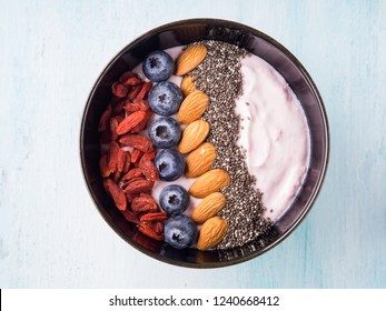 Yogurt Smoothie Bowl With Berries, Nuts, Chia Seeds On Pastel Turquoise Wooden Background. Plant Based Vegan Breakfast