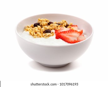 Yogurt With Strawberries And Granola In A White Bowl. Side View, Isolated On A White Background.