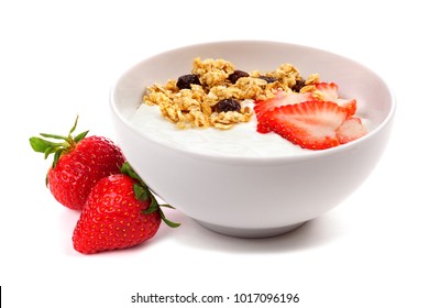 Yogurt With Strawberries And Granola In A White Bowl. Side View, With Berries Isolated On A White Background.